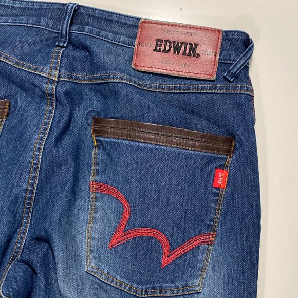 Edwin BLUE TRIP 141722-003 Leather Motif Slim Fit Medium Wash Jeans mens 33x31.5 - Picture 9 of 11